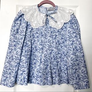 Andion Fiona blue paisley ditsy floral print embroidered collar blouse S